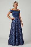 Off The Shoulder Navy Sequins A Line Long Mother of the Bride Dress