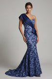 Navy Sequins One Shoulder Mermaid Long Mother of the Bride Dress with Bows