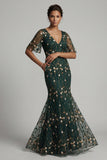 Dark Green Mermaid Embroidered Long Mother of the Bride Dress with Short Sleeves
