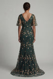 Dark Green Mermaid Embroidered Long Mother of the Bride Dress with Short Sleeves