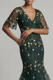 Dark Green Mermaid Embroidered Long Mother of the Bride Dress with Short Sleeves