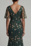 Dark Green Mermaid Embroidered Long Mother of the Bride Dress with Short Sleeves
