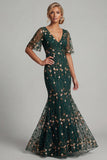 Dark Green Mermaid Embroidered Long Mother of the Bride Dress with Short Sleeves