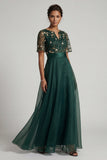 Dark Green A Line Short Sleeves Mother of the Bride Dress with Embroidery