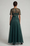 Dark Green A Line Short Sleeves Mother of the Bride Dress with Embroidery