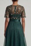 Dark Green A Line Short Sleeves Mother of the Bride Dress with Embroidery