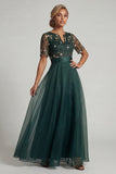 Dark Green A Line Short Sleeves Mother of the Bride Dress with Embroidery