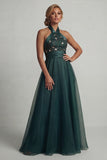 Halter A Line Long Dark Green Mother of the Bride Dress