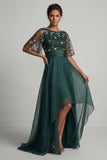 Dark Green A Line High-Low Boat Neck Mother of the Bride Dress with Half Sleeves
