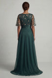Dark Green A Line High-Low Boat Neck Mother of the Bride Dress with Half Sleeves