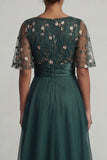Dark Green A Line High-Low Boat Neck Mother of the Bride Dress with Half Sleeves