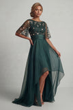 Dark Green A Line High-Low Boat Neck Mother of the Bride Dress with Half Sleeves