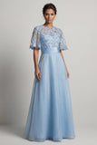 Sky Blue Chiffon A Line Half Sleeves Long Mother of the Bride Dress with 3D Flowers
