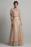 Champagne Sequin A Line Pleated Long Mother of the Bride Dress