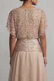 Champagne Sequin A Line Pleated Long Mother of the Bride Dress