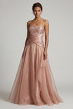 Strapless Dusty Rose Pleated Long A Line Mother of the Bride Dress with Sequins