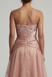 Strapless Dusty Rose Pleated Long A Line Mother of the Bride Dress with Sequins