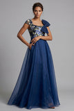 Navy Flower A Line Chiffon Square Neck Long Mother of the Bride Dress with Bow