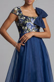 Navy Flower A Line Chiffon Square Neck Long Mother of the Bride Dress with Bow