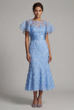Light Blue Mermaid Appliqued Midi Mother of the Bride Dress with Ruffle Sleeves