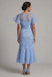 Light Blue Mermaid Appliqued Midi Mother of the Bride Dress with Ruffle Sleeves