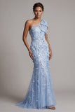 One Shoulder Mermaid Sky Blue Sequin Long Mother of the Bride Dress with 3D Flowers