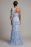 One Shoulder Mermaid Sky Blue Sequin Long Mother of the Bride Dress with 3D Flowers