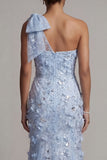 One Shoulder Mermaid Sky Blue Sequin Long Mother of the Bride Dress with 3D Flowers