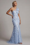 One Shoulder Mermaid Sky Blue Sequin Long Mother of the Bride Dress with 3D Flowers