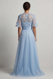Sky Blue A Line 3D Flowers Long Mother of the Bride Dress with Half Sleeves