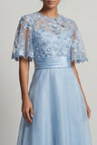 Sky Blue A Line 3D Flowers Long Mother of the Bride Dress with Half Sleeves