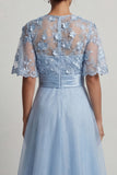 Sky Blue A Line 3D Flowers Long Mother of the Bride Dress with Half Sleeves