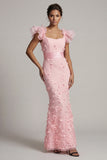 Blush Mermaid Ruffle Sleeves Long Mother of the Bride Dress with 3D Flowers