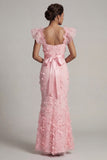 Blush Mermaid Ruffle Sleeves Long Mother of the Bride Dress with 3D Flowers