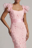 Blush Mermaid Ruffle Sleeves Long Mother of the Bride Dress with 3D Flowers