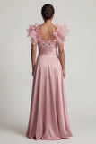 Dusty Rose A Line Ruffled Sequin Long Mother of the Bride Dress with Slit