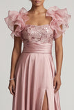 Dusty Rose A Line Ruffled Sequin Long Mother of the Bride Dress with Slit