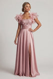 Dusty Rose A Line Ruffled Sequin Long Mother of the Bride Dress with Slit