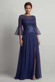 Navy Ruched A Line Boat Neck Long Mother of the Bride Dress with Slit