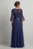 Navy Ruched A Line Boat Neck Long Mother of the Bride Dress with Slit