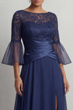 Navy Ruched A Line Boat Neck Long Mother of the Bride Dress with Slit