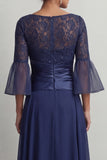 Navy Ruched A Line Boat Neck Long Mother of the Bride Dress with Slit