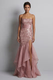 Sparkly Dusty Rose Mermaid Sequin Long Mother of the Bride Dress with Ruffles