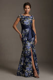 Navy Mermaid Floral Long Mother of the Bride Dress with Slit