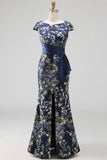 Navy Mermaid Floral Long Mother of the Bride Dress with Slit