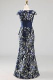 Navy Mermaid Floral Long Mother of the Bride Dress with Slit