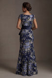 Navy Mermaid Floral Long Mother of the Bride Dress with Slit