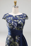 Navy Mermaid Floral Long Mother of the Bride Dress with Slit