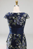 Navy Mermaid Floral Long Mother of the Bride Dress with Slit