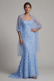 Sparkly Sky Blue Mermaid Floral Sequin Long Mother of the Bride Dress